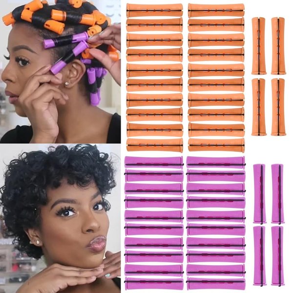 48 Pieces Perm Rods Set for Natural Hair Cold Wave Rods Hair Rollers Curlers Plastic Hair Curling Rods for Curling Hair 2 Sizes Perm Rods for Long Short Hair (Orange 0.87inch, Purple 0.75inch)