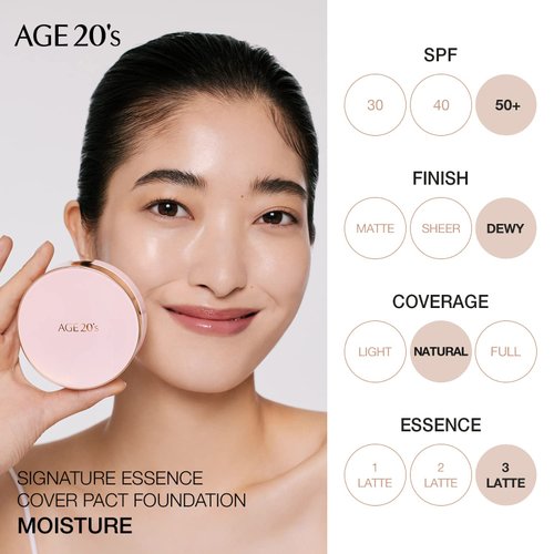 AGE 20’s Signature Hydrating Essence Sunscreen Foundation for Dry Skin, SPF 50+, BB & CC Cream, Moisture Cushion Pact, Refill Included, 21 Light Beige (0.49oz x 2ea)