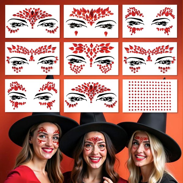 Face Gems, Face Jewels - Self Adhesive- Face Glitter Jewel Tattoo Sticker Festival Gems Rave Party Body MakeUp Rhinestone Gems for Eyes Face Body, face gems for festivals, Halloween (9 PCS RED)