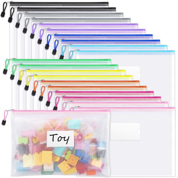Sooez 20 Pack Mesh Zipper Pouch Bags, A4 Letter Size, Zipper Bags with Label Pocket, Waterproof Zipper Pouches for Classroom Organization, Board Game Storage, Document Bag for Office School Supplies
