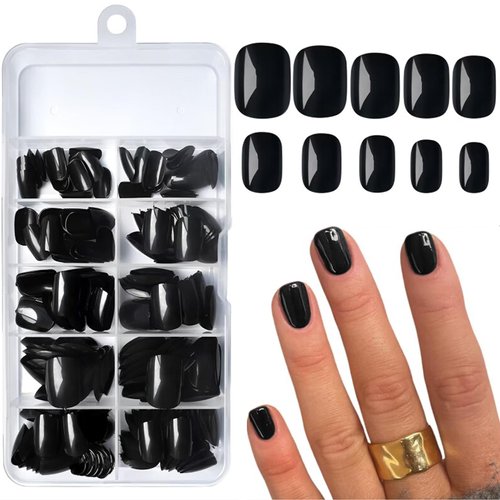 AddFavor 240pcs Press on Nails Short Glossy Black Fake Nail Short Square Full Cover Acrylic Artificial Glue on Nails Kit for Women and Girls