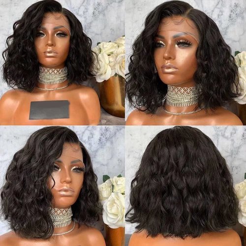 Imeya Short Bob Wigs Water Wave Lace Front Human Hair 13x6 HD Transparent Lace Front Loose Wave Bob Wigs Pre Plucked with Baby Hair Brazilian Remy Wavy Hair Bob Wig 150% Density Glueless 12 Inch