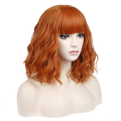 incohair 14 Inches Dark Orange Wig with Bangs Women Girls Short Curly Wavy Bob Wig Shoulder Synthetic Party Wigs Wig Cap Included (Dark Orange)