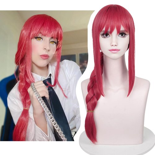 Aicos Anime Long Pink Red Cosplay Braids Wigs for Women Long Wigs Cosplay + Free Cap