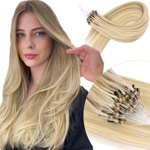KiiKiiGirl Virgin Microlink Hair Extensions - Human Hair,22inch Micro link Hair Extensions Human Hair Micro Beads Hair Extensions Human Hair Blonde Highlight Golden Blonde 30G/Pack