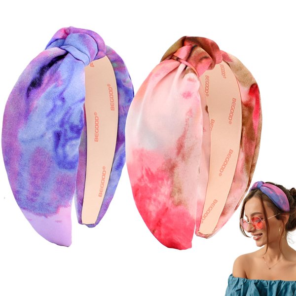 BEGOOD Headband for Women Knotted Wide Headband Womens Top Knot Hairband Fashion Headbands Turban Hair Accessories for Girls 2Pcs Tie Dye