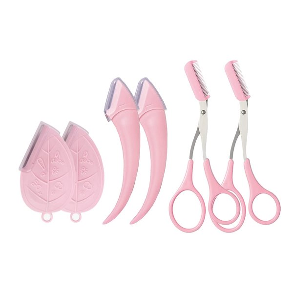 Deacocal Eyebrow Trimmer Set 6Pcs with Curved Eyebrow Razor Leaf Eyebrow Razor Eyebrow Scissors with Comb Face Shavers for Women Men Multipurpose Dermaplaning Tool (Pink)