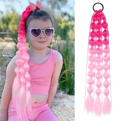 Colored Hair Extensions, Behufun 20" Lightweight Colored Hair Extensions for Kids Bubble Ponytail Extension with Hair Tie, Ombre Crazy Hair Day Accessories for Girls for EDC Festival Rave B40