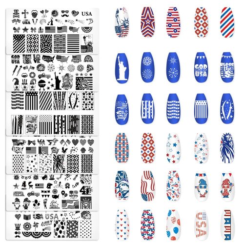 ALIBBON 6Pcs 4th of July Nail Stamping Plates Set, American Flag Nail Art Stamp Templates, Stripe Star Background Stamp Templates Kit, Patriotic Metal Nail Plates for DIY Printing Decor 4.7×2.4"