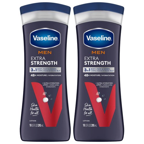 Vaseline Lotion for Dry Skin - Men Extra Strength Lotion, Fast-Absorbing Body Lotion Jelly and Ultra-Hydrating Lipids, 3-in-1 Body, Face, & Hands, 10 Oz Ea (Pack of 2)