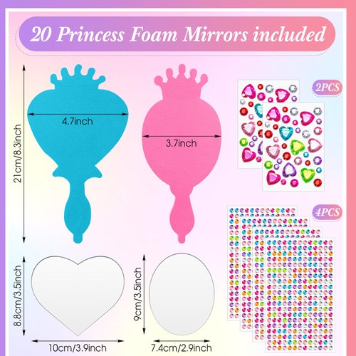 Geetery 20 Pcs Unbreakable Kids Mirror DIY Decorate Your Own Princess Mirror Mermaid Mirrors Princess Foam Mirrors Small Mirrors for Crafts Princess Party Decorations (Multicolor)