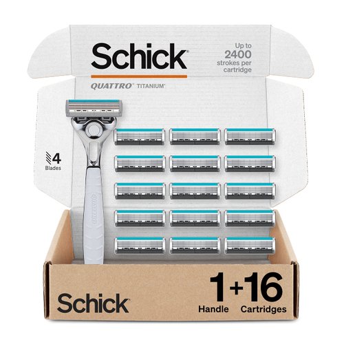 Schick Quattro Titanium Razors for Men, 1 Razor and 16 Razor Blades | 4 Blade Mens Razors for Shaving, Razor Blades for Men, Shaving Razors for Men with 16 Razor Blades Refills