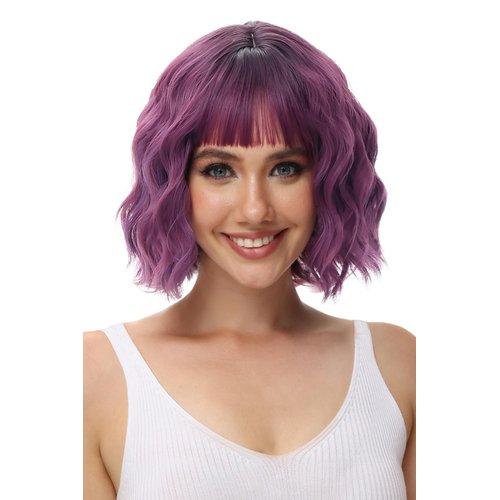 Rose bud Wavy Bob Wig with Bangs Natural Ombre Purple Wig Synthetic Hair Shoulder Length Short Curly Wigs for Women