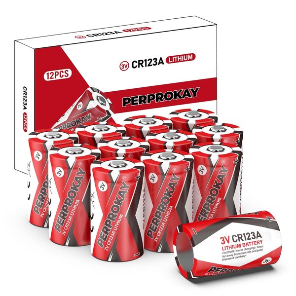 perprokay CR123A 3V Lithium Battery 12 Pack, 123A 3 Volt Max-Powered Batteries, Long-Lasting 10-Year Shelflife CR17345, 1500 mAh CR 17335 Battery for Flashlights, Home Security Devices...12 Count