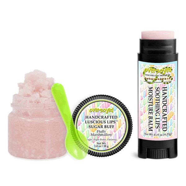 Fluffy Marshmallow Soothing & Luscious Lips by OverSoyed Exfoliator & Chapped Lip Repair Lip Care Combo | Artisan Handcrafted to Order Fluffy Marshmallow Creamy Caramel Sweet Flavored Exfoliating Sugar Lip Scrub & Lip Moisturizer Balm Gift Set