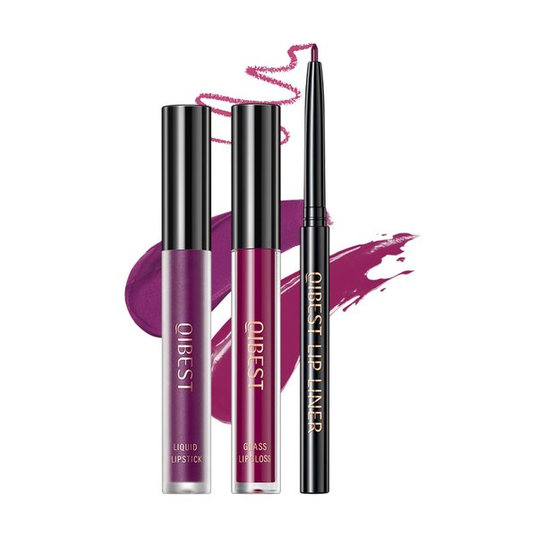 3Pcs Ffuchsia Matte Liquid Lipstick, Lip Liner, Lip Gloss Trio Lip Set - One Step Lips Makeup Kits Waterproof Long-Lasting Moisturizing Velvety Nude Lip Stain Make Up Gift Set (9#)