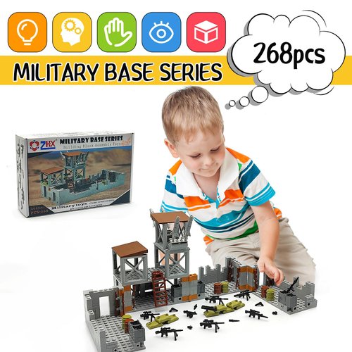 ZHX Military Base Building Brick Set for Army Minifigure War Accessories, Defence Base Guard Tower Guns Weapons Building Block Toy for Kids 8 10 12 14 Years