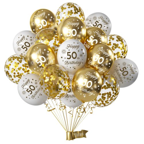 Hongplus White Gold 50th Birthday Balloons Pack of 15 Men Women Happy 50th Birthday Party Deocorations Supplies Men Women Happy 50th Birthday Ballloons Latex Confetti Balloons 12inch & Ribbon