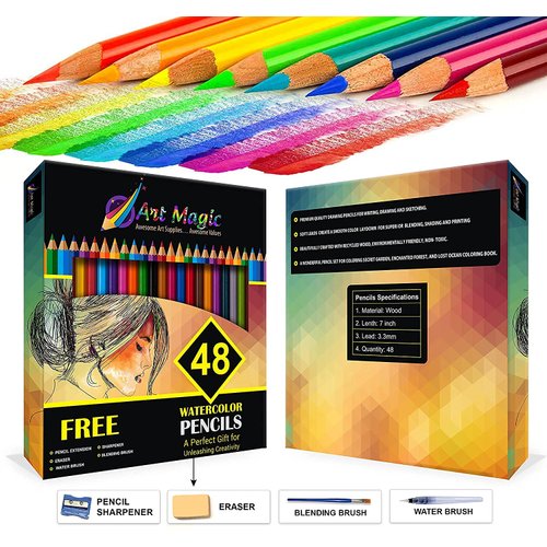 Art Magic Watercolor Pencils, Set of 48 Professional Colored Pencils for Adult and Teens, Premium Art Supplies for Coloring, Blending and Layering