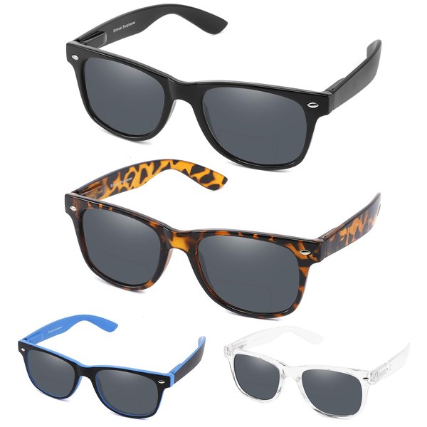 DILLY VISION 4 Pack Bifocal Reading Sunglasses for Men Women Classic Outdoor UV400 Sun Readers Glasses with Spring Hinge （+2.0 strength）