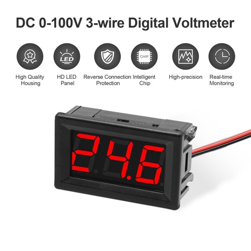 Exqutoo 2Pack DC0-100V Mini Voltmeter Voltage Tester DC Voltage Gauge Voltage Indicator, 0.56" Red LED Digital Display Panel, 3-Wire, Reverse Polarity Protection, for EV Car Motorcycle Voltage Monitor