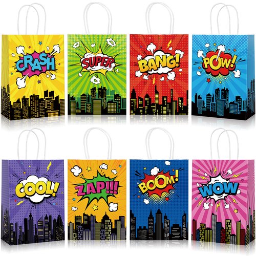 YIDAKO 24pcs Hero Party Favors Bags, Hero Goodie Bags Gift Bags, Candy Bags with 8 Different Types, Comic Hero Kraft Paper Bags for Birthday Party Supplies Baby Shower Decorations
