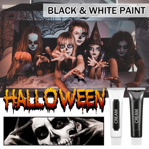 2PCS Black and White Body Paint, Lightweight and Refreshing Water Based Face Paint, Clown Makeup Black and White Face Paint Kit, Halloween and Day of the Dead SFX Skeleton Makeup