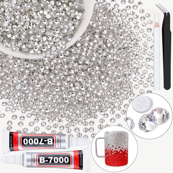 2000PCS SS12/3mm Crystal Rhinestones (Clear) with 2Pcs 10ml B7000 Jewelry Glue, Bedazzling Flatback Glass Rhinestones for Crafting Decor, Gems Diomand Charms for Tumbler Shoes Clothing Mugs Nail Art
