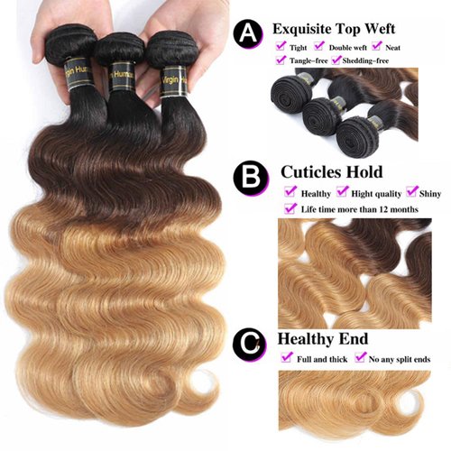 Shining Girl 12A Ombre Body Wave Bundles With Closure Brazilian Virgin Remy 100% Human Hair Ombre 3 Tone T1B/4/27 Color Human Hair Extensions 3 Bundles with 4x4 Lace Closure (22 24 26+20, 1B#/4#/27#)
