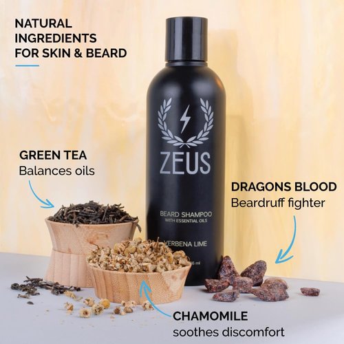 ZEUS Beard Shampoo - Cleansing & Moisturizing with Green Tea & Natural Ingredients to Soften, 8 oz (Made in USA) Verbena Lime