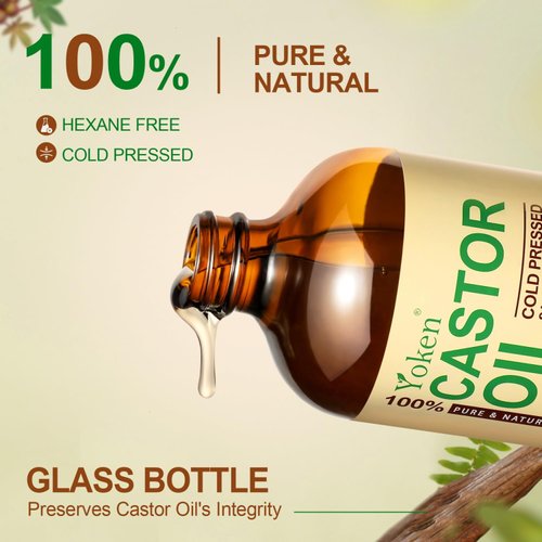 Yoken Pure Castor Oil Glass Bottle 16 fl oz 100% Natural Cold Pressed Castor oil for Face, Body, Hair, Eyelashes - Hexane Free, Unrefined,Virgin, Rich Fatty Acids for Castor Oil Pack Skin Moisturizer