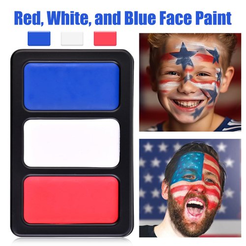 TOCADIS Red White Blue Face Paint, Face Paint 3 Colors with 2 Brushes, American Flag Face Paint for Independence Day, Red White and Blue Body Paint for Halloween, Baseball Sports, Clown Makeup