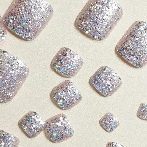 Generic Square Press on Toenails Short Shiny Fake Toe Nails Silver Glitters Stick on Toenails Full Cover Acrylic Toenail Kit for Women Girls Toenail Kit Cute Gel Toe Nails Supplies False Toe Nail Art