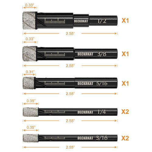 7 Piece Diamond Drill Bits Set, Core Drill Bits for Hard Materials - Tiles Ceramics Glass Stones – Built in Coolant, Fast Dry Drilling - Sizes 3/16" 1/4" 5/16" 3/8" 1/2" - Round Shank, Storage Case