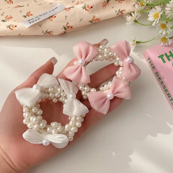 Hair Scrunchies, White Pearls, Pink or White Organza Bows, Elastic Hair Bands for Women (White)