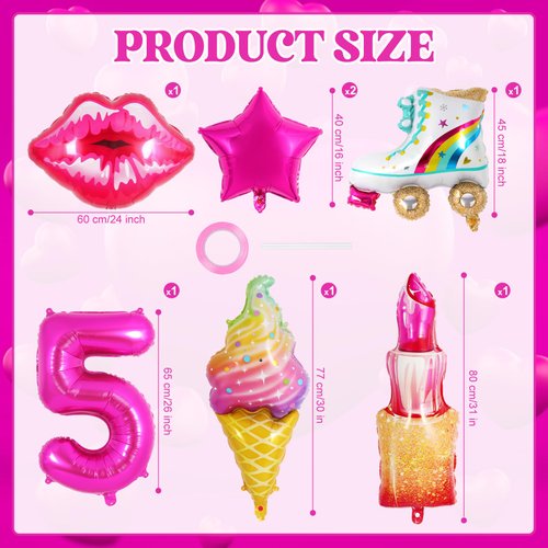 7 Pcs Pink Birthday Balloons for Girls,Princess Birthday Party Supplies,Girl Birthday Balloons Decorations,Hot Pink Balloons Set for Princess Doll Theme Party Birthday Party Baby Shower Supplies (5th)