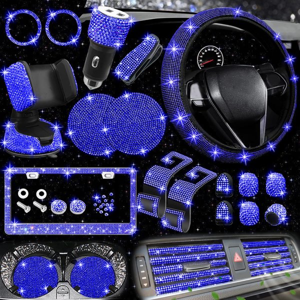 NBTEPEM 27 PCs Bling Car Accessories Set for Women, Steering Wheel Covers Universal Fit 15 Inch, Bling License Plate Frame, Phone Holder, Car Coasters(Blue Diamond)
