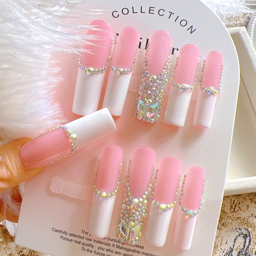 NAIL ANGEL 10PCS/SET Glamorous Handmade Press on nails Glitter Rhinestone Long Coffin Nails Party Nails XXL Long Artifical Tips ZJ-01(M)