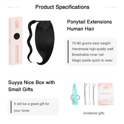 SUYYA Ponytail Extension Human Hair Wrap Around Clip in Hair Piece Ponytail Human Hair Straight Human Hair Ponytail with Magic Paste 80G 18 Inch #1 Jet Black