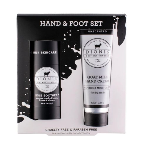 Dionis Goat Milk Skincare Hand & Foot Gift Set, Non-Greasy Formula, Moisturize & Restore Dry Hands, Heels, Knees & Elbows, 1 oz Unscented Hand Cream & 1 oz Mint & Tea Tree Oil Travel Size Heel Balm