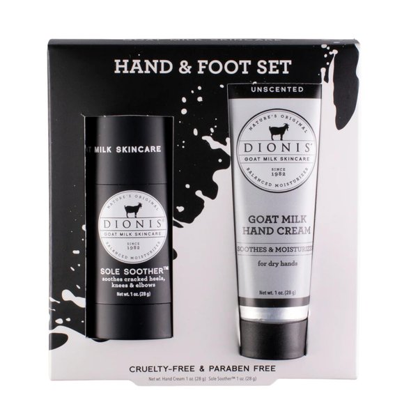 Dionis Goat Milk Skincare Hand & Foot Gift Set, Non-Greasy Formula, Moisturize & Restore Dry Hands, Heels, Knees & Elbows, 1 oz Unscented Hand Cream & 1 oz Mint & Tea Tree Oil Travel Size Heel Balm