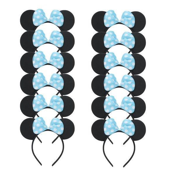 JORCEDI 12 Pcs Mouse Costume Deluxe Fabric Ear Headband Party Headwear Black (Blue)