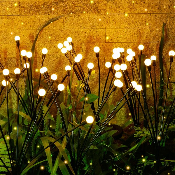 4Pack 32LED Spring Solar Swaying Lights Outdoor Solar Powered Firefly Lights Garden Decor Waterproof Pathway Light Sway by Wind Landscape Lights Warm Yellow for Pathway Lawn Patio Courtyard Decor