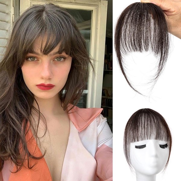 Bangs Hair Clip in Bangs 100% Real Human Hair Extensions Wispy Bangs French Bangs Clip on Air Bangs for Women (A-Brown Black, Wispy Bangs)