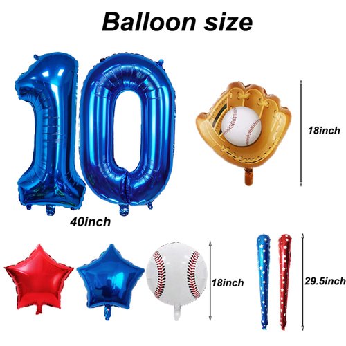 Baseball Balloons 10th Birthday Decorations for Boys, Baseball Party Decoration Baseball Sports Theme Party Supplies, 40 inch Foil Number Balloons 10 Balloon Number Blue Red White Sports Balloon Kits