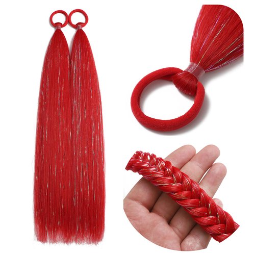 Red Ponytail Extension, 20 inch Colored Hair Extensions For Kids Ponytail Extension, Colorful Tinsel Ponytail for Crazy Hair Day Festival Hair Extensions, Rave Hair, 2 Packs Wacky Hair