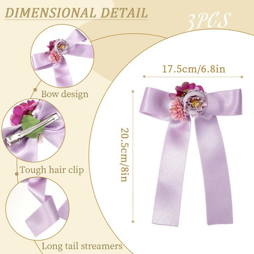 AWAYTR 3pcs Flower Hair Bow Clips for Women Girls Hair Ribbon with Flowers Lance Satin Floral Bow Clips with Long Tail(purple,pink/rose red/white lance)
