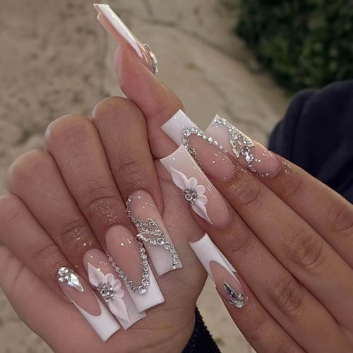 DANMANR Fake Nails Butterflies Long Press on Coffin Nails Crystal Full Cover Acrylic French Shiny Fake Nails for Women and Girls 24PCS