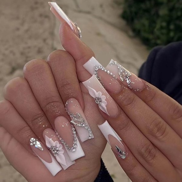 DANMANR Fake Nails Butterflies Long Press on Coffin Nails Crystal Full Cover Acrylic French Shiny Fake Nails for Women and Girls 24PCS