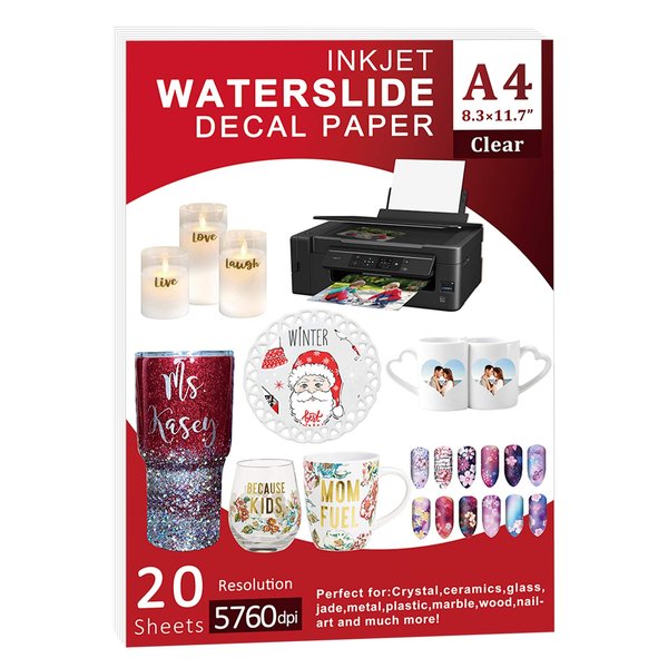 Waterslide Paper-20 sheet Inkjet Water Slide Paper,A4 Size clear waterslide paper for DIY Decals Gift Crafts Ceramics Candles and Custom Tumblers, waterslide decal paper (The packaging may be blue)